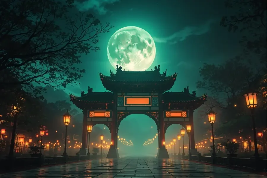 古风权谋剧场封面：月夜宫门与灯笼