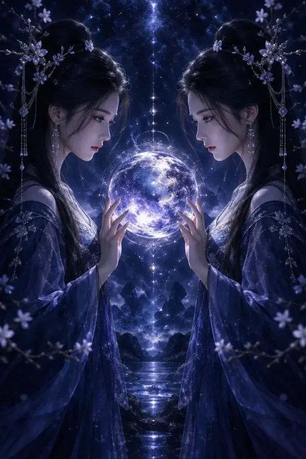 双子星 - 短剧魔改在线在线观看 双子星短剧封面:发光球体两侧的镜像双生